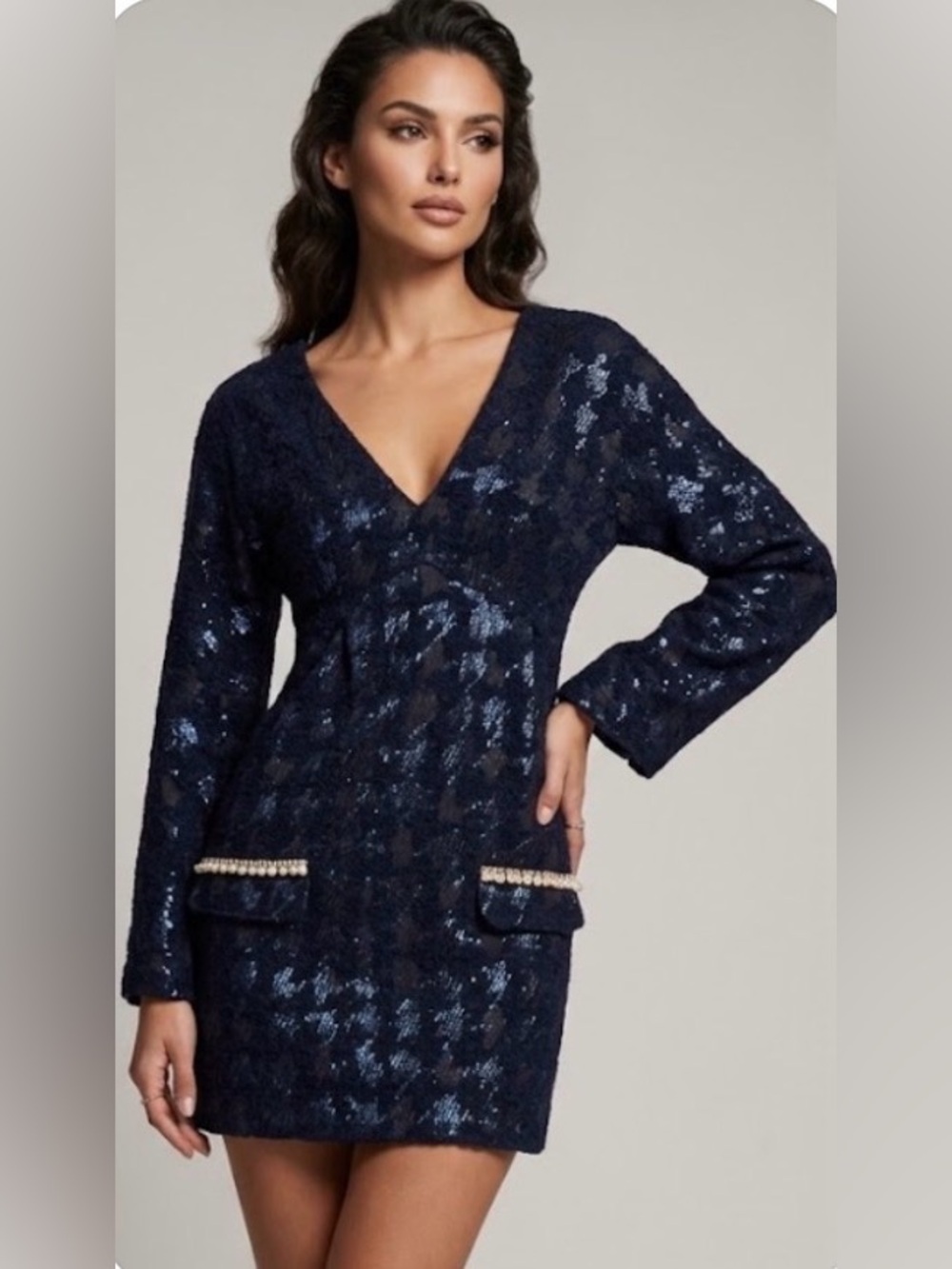 Semicouture Bouclé V-Neck Long Sleeve Sheath Mini Dress /Metallic/Dark Blue: 6
